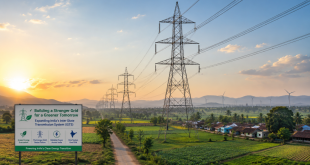 High-voltage power transmission towers cutting across a rural Indian landscape, symbolizing the expansion of India's Inter State Transmission System (ISTS) for green energy evacuation.