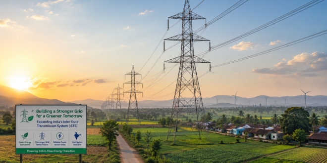 High-voltage power transmission towers cutting across a rural Indian landscape, symbolizing the expansion of India's Inter State Transmission System (ISTS) for green energy evacuation.