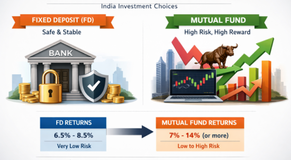 Chart showing India FD vs Mutual Fund returns 2026," "Visual of bank security vs market growth.