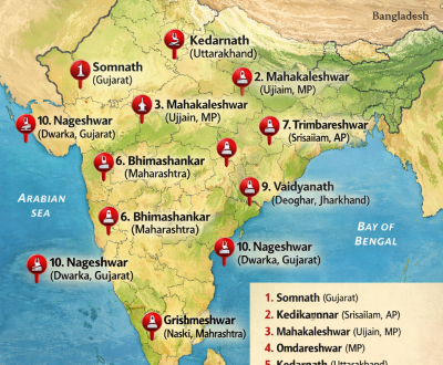 Map showing the geographic locations of the 12 Jyotirlingas across various Indian states including Gujarat, Maharashtra, and Uttarakhand.