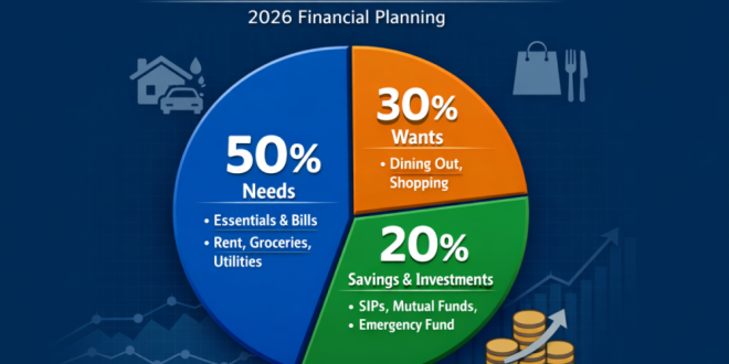 A pie chart illustrating the 50-30-20 budgeting rule for 2026 financial planning.