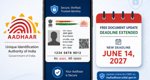 Official UIDAI logo placed next to a secure digital rendering of an Aadhaar card on a smartphone screen, with a clean calendar icon highlighting the extended deadline date of June 14, 2027.
