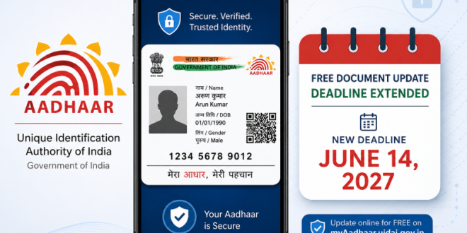 Official UIDAI logo placed next to a secure digital rendering of an Aadhaar card on a smartphone screen, with a clean calendar icon highlighting the extended deadline date of June 14, 2027.