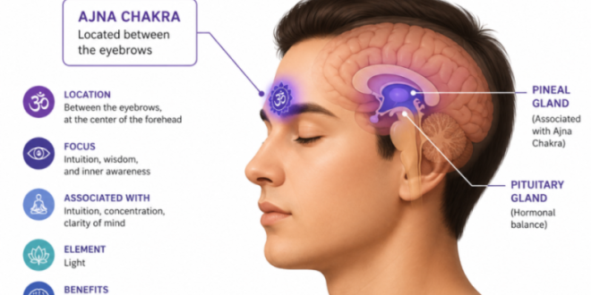 Diagram showing the Ajna Chakra located between the eyebrows on a human profile.