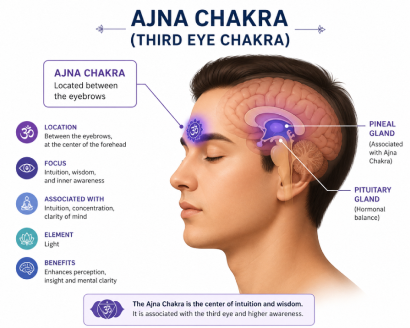 Diagram showing the Ajna Chakra located between the eyebrows on a human profile.