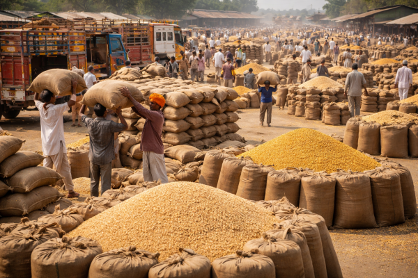 Farmers unloading wheat and mustard sacks at a busy Indian grain mandi during the 2026 Rabi harvest season.