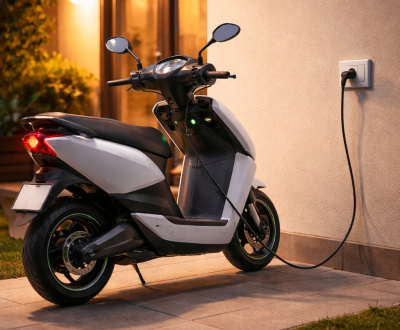Electric scooter plugged into a standard home wall socket for overnight charging.
