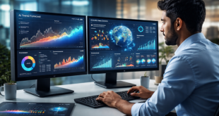 A professional data analyst using modern AI-powered visualization tools to interpret business growth trends on a dual-monitor setup.