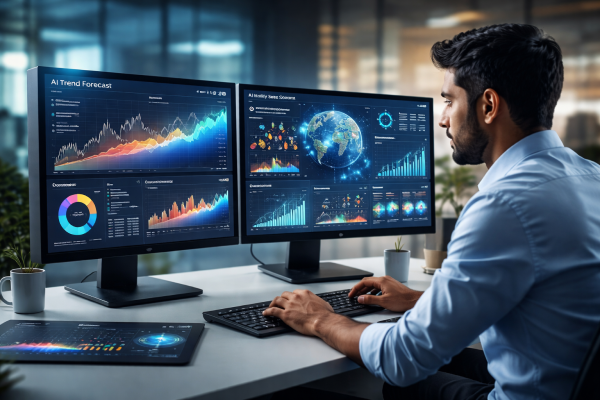 A professional data analyst using modern AI-powered visualization tools to interpret business growth trends on a dual-monitor setup.
