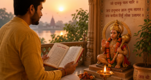 Devotee chanting Hanuman Chalisa in a peaceful morning setting with a lit lamp.