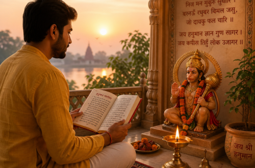 Devotee chanting Hanuman Chalisa in a peaceful morning setting with a lit lamp.