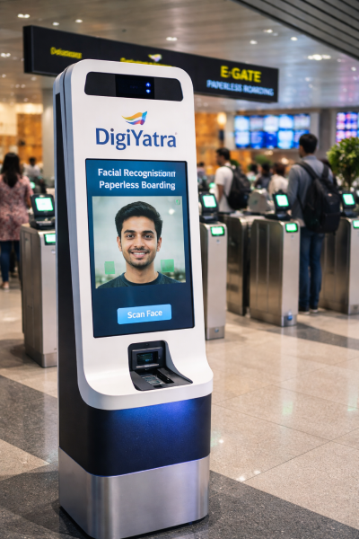 A digital kiosk at an Indian airport showing the DigiYatra facial recognition system for paperless boarding.