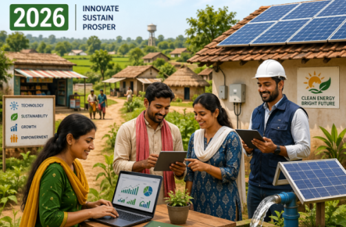 Infographic showing rural entrepreneurs using drones and solar panels in an Indian village setting 2026.