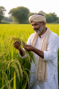 Farmer inspecting high-quality Basmati rice stalks in a lush green field in Punjab.