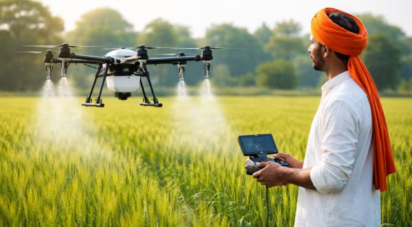 Indian farmer operating a DGCA-approved agricultural drone for pesticide spraying in a green wheat field.