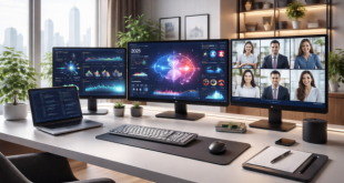 A modern home office setup in 2026 with multiple monitors showing AI data visualizations and a video conference in progress.
