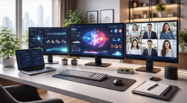 A modern home office setup in 2026 with multiple monitors showing AI data visualizations and a video conference in progress.
