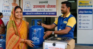 An adult woman receiving a new blue domestic LPG cylinder and a single-burner gas stove from an authorized distribution center under the Pradhan Mantri Ujjwala Yojana framework.