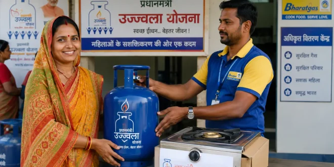 An adult woman receiving a new blue domestic LPG cylinder and a single-burner gas stove from an authorized distribution center under the Pradhan Mantri Ujjwala Yojana framework.