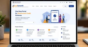 Laptop screen displaying the JanSamarth government credit portal interface for loan applications.