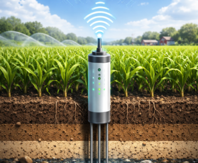 A high-tech agricultural probe embedded in soil layers, transmitting wireless data waves to a cloud icon.