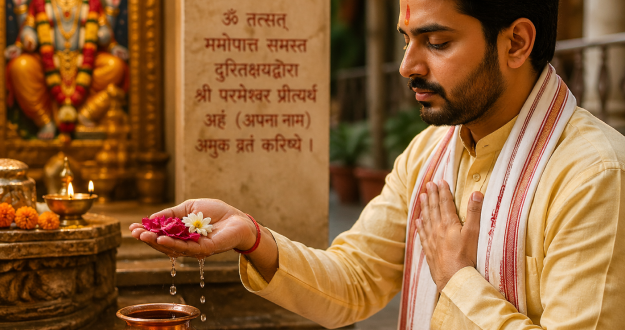 A devotee taking a holy vow (Sankalpa) with water and flowers in hand.