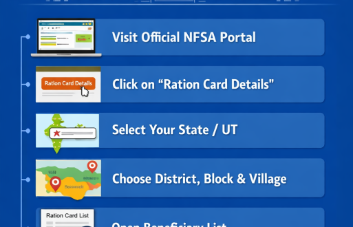 Graphic showing steps to check ration card name online on a government portal.