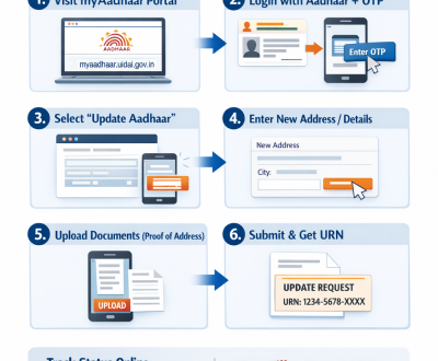 Infographic showing how to update Aadhaar address and identity documents online for free in 2026.