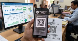 A modern smartphone screen showing an encrypted QR code being scanned via the official IGRSUP mobile application, with a blurred background of a digital land registry database dashboard in Uttar Pradesh.