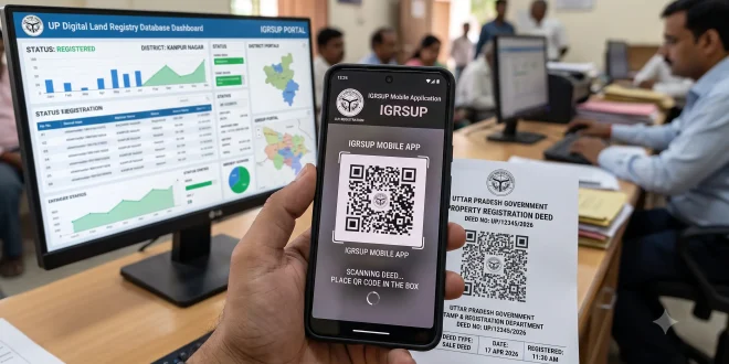 A modern smartphone screen showing an encrypted QR code being scanned via the official IGRSUP mobile application, with a blurred background of a digital land registry database dashboard in Uttar Pradesh.