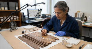 Ancient palm-leaf manuscript restoration showing a specialist using a fine brush.