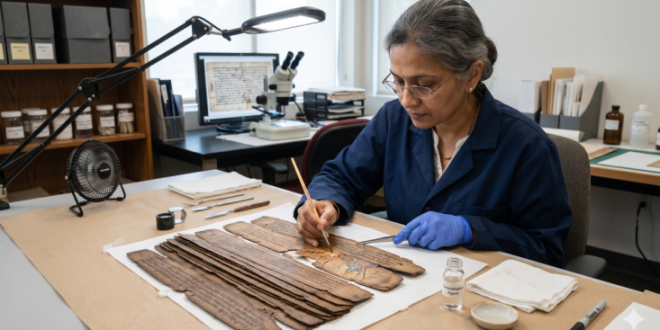 Ancient palm-leaf manuscript restoration showing a specialist using a fine brush.
