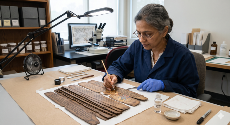 Ancient palm-leaf manuscript restoration showing a specialist using a fine brush.