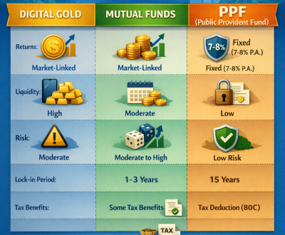 Infographic comparing Digital Gold, Mutual Funds, and PPF for Indian investors.
