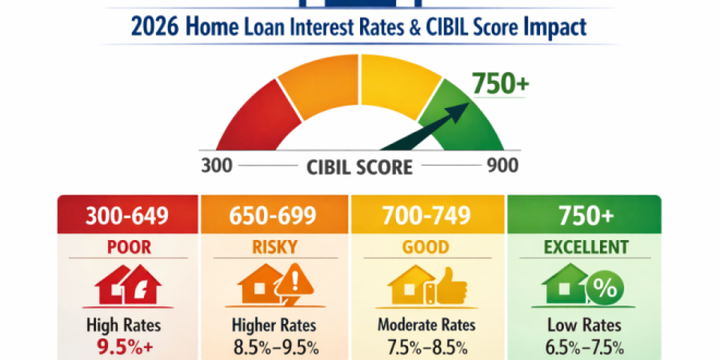 Infographic showing CIBIL score ranges from 300 to 900 and their impact on 2026 home loan interest rates.