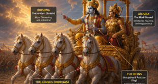 Illustration of Lord Krishna guiding Arjuna on a chariot, symbolizing the intellect controlling the mind and senses.