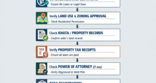 Flowchart illustrating the step-by-step legal verification process for buying a residential plot in 2026, including RERA and Title Deed checks.