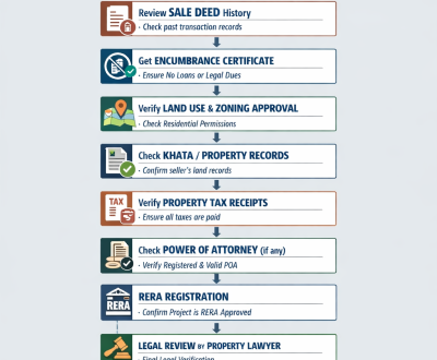 Flowchart illustrating the step-by-step legal verification process for buying a residential plot in 2026, including RERA and Title Deed checks.