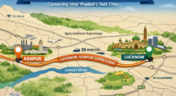 Map showing the Lucknow-Kanpur Expressway connecting the two major cities of Uttar Pradesh.