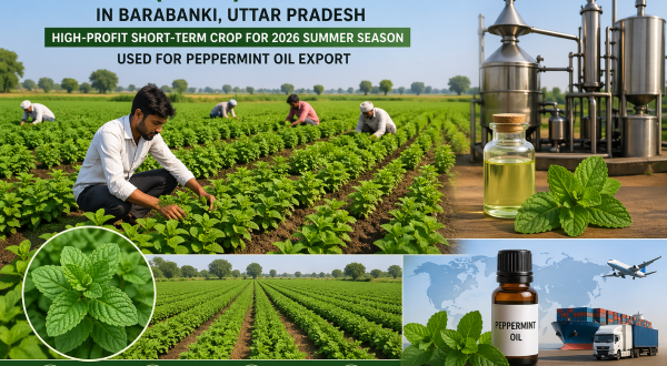 Mentha (mint) crop cultivation in Barabanki, Uttar Pradesh, a high-profit short-term crop for the 2026 summer season used for peppermint oil export.