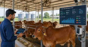 A modern dairy farm in India featuring Sahiwal cows and digital monitoring systems.