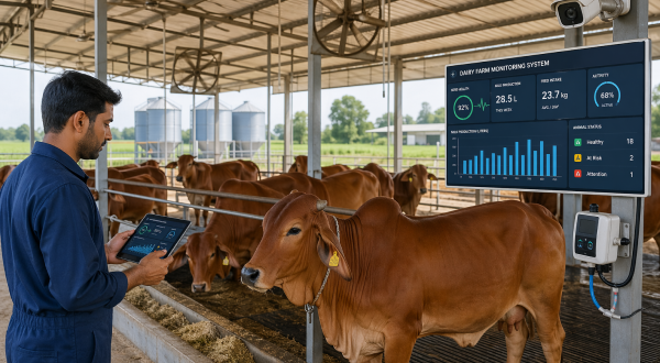 A modern dairy farm in India featuring Sahiwal cows and digital monitoring systems.