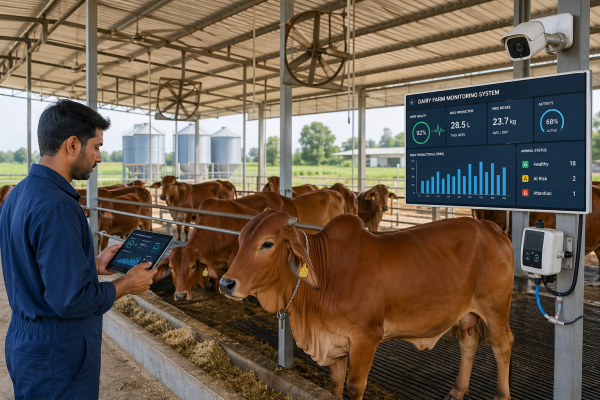 A modern dairy farm in India featuring Sahiwal cows and digital monitoring systems.