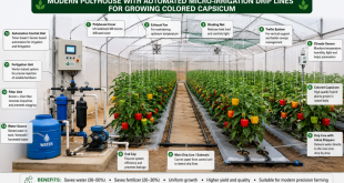 Labeled diagram showing a modern polyhouse equipped with automated micro-irrigation drip lines for growing colored capsicum.