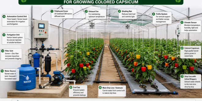 Labeled diagram showing a modern polyhouse equipped with automated micro-irrigation drip lines for growing colored capsicum.