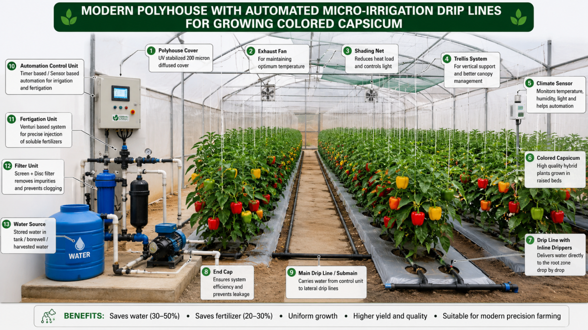 Labeled diagram showing a modern polyhouse equipped with automated micro-irrigation drip lines for growing colored capsicum.