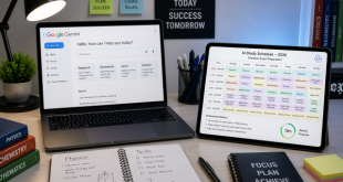 A high-tech study desk featuring a laptop showing Google Gemini's research interface and a tablet displaying an AI-generated study schedule for 2026 entrance exams.