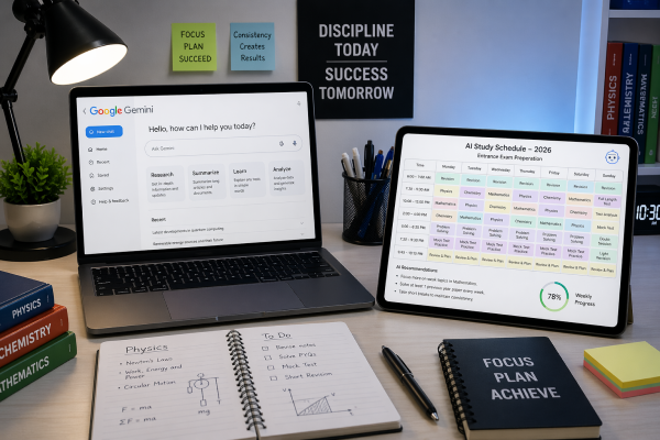 A high-tech study desk featuring a laptop showing Google Gemini's research interface and a tablet displaying an AI-generated study schedule for 2026 entrance exams.
