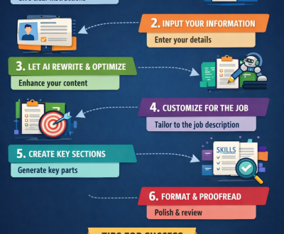 Infographic showing the steps to optimize a resume using AI tools for better recruitment results.