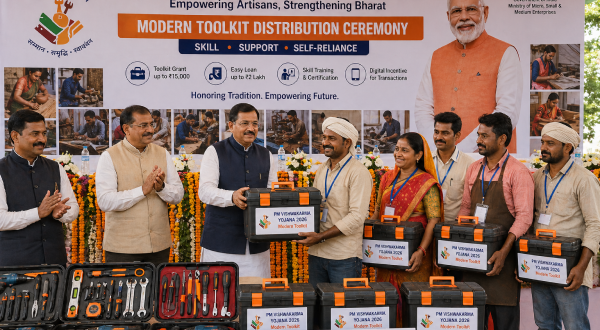 Modern toolkit distribution ceremony for artisans under PM Vishwakarma Yojana 2026.